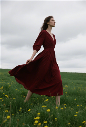 户外草地复古红裙美女写真图片